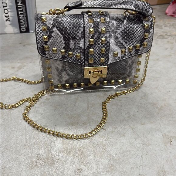 Handbags - Studded Snake Print Crossbody Bag - NEW Purse - Gold Chain Strap - Zipper Inside